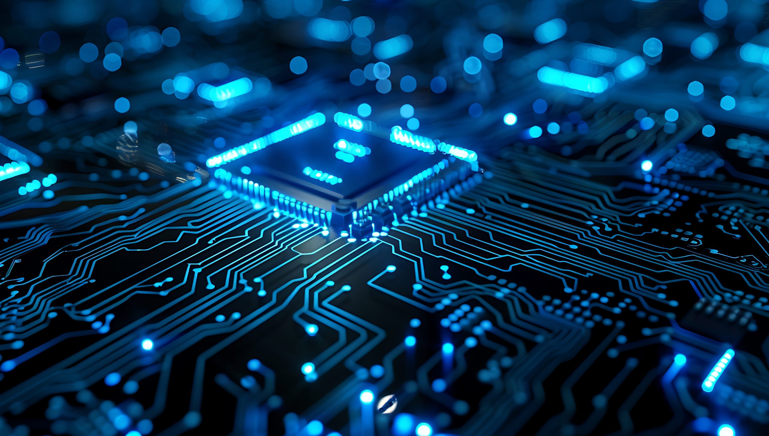 Abstract blue circuit board background with glowing elements.